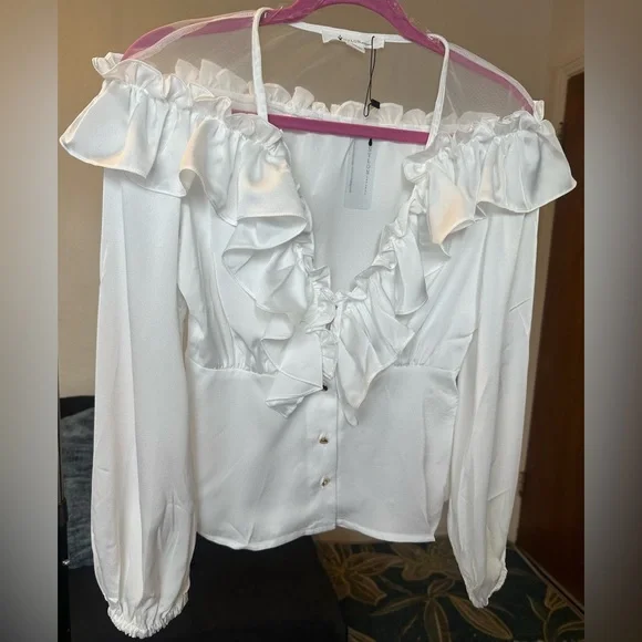 Ruffled V Neck Elastic Puff Sleeves Blouse - Picture 10 of 10